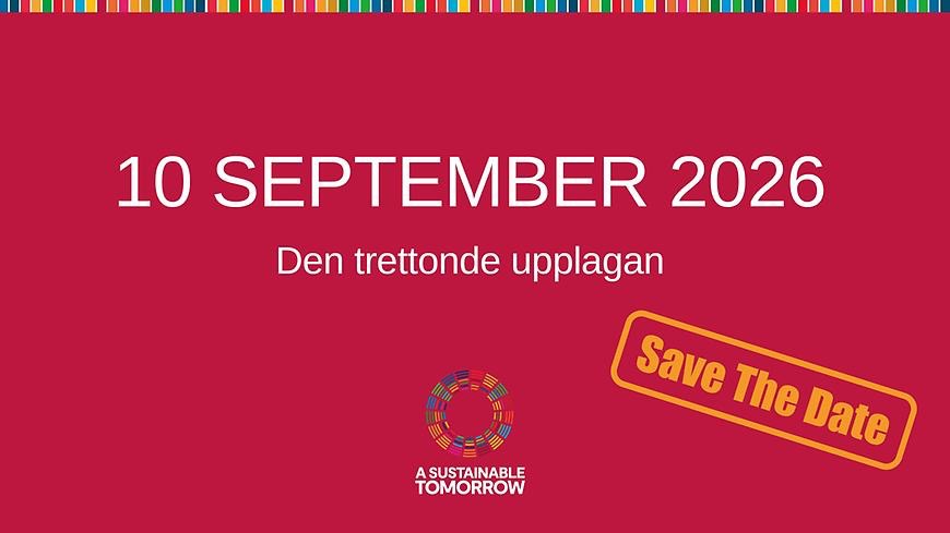 Bild där det står: Save the date - A sustainable Tomorrow arrangeras 10 September 2026 och att det är den trettonde upplagan.