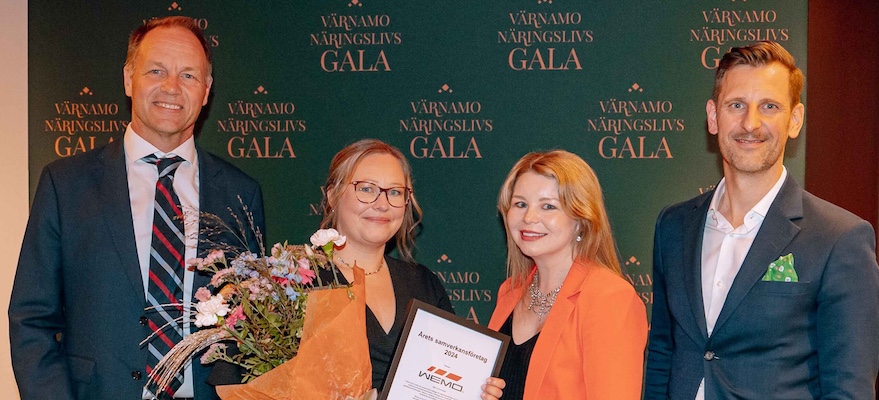 Fyra personer ler mot kameran. Från vänster Johannes Kjellgren WEMO, Lill Gustafsson WEMO, Hanna Gran Campus Värnamo och Tobias Lundquist Campus Värnamo.